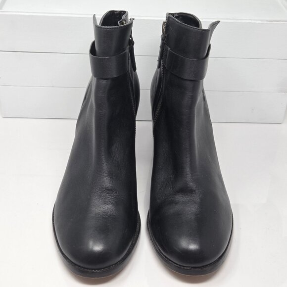 Halogen Womens 8.5 Boots Leather Black Ankle Booties Block Heel Strap Almond Toe - Picture 3 of 10